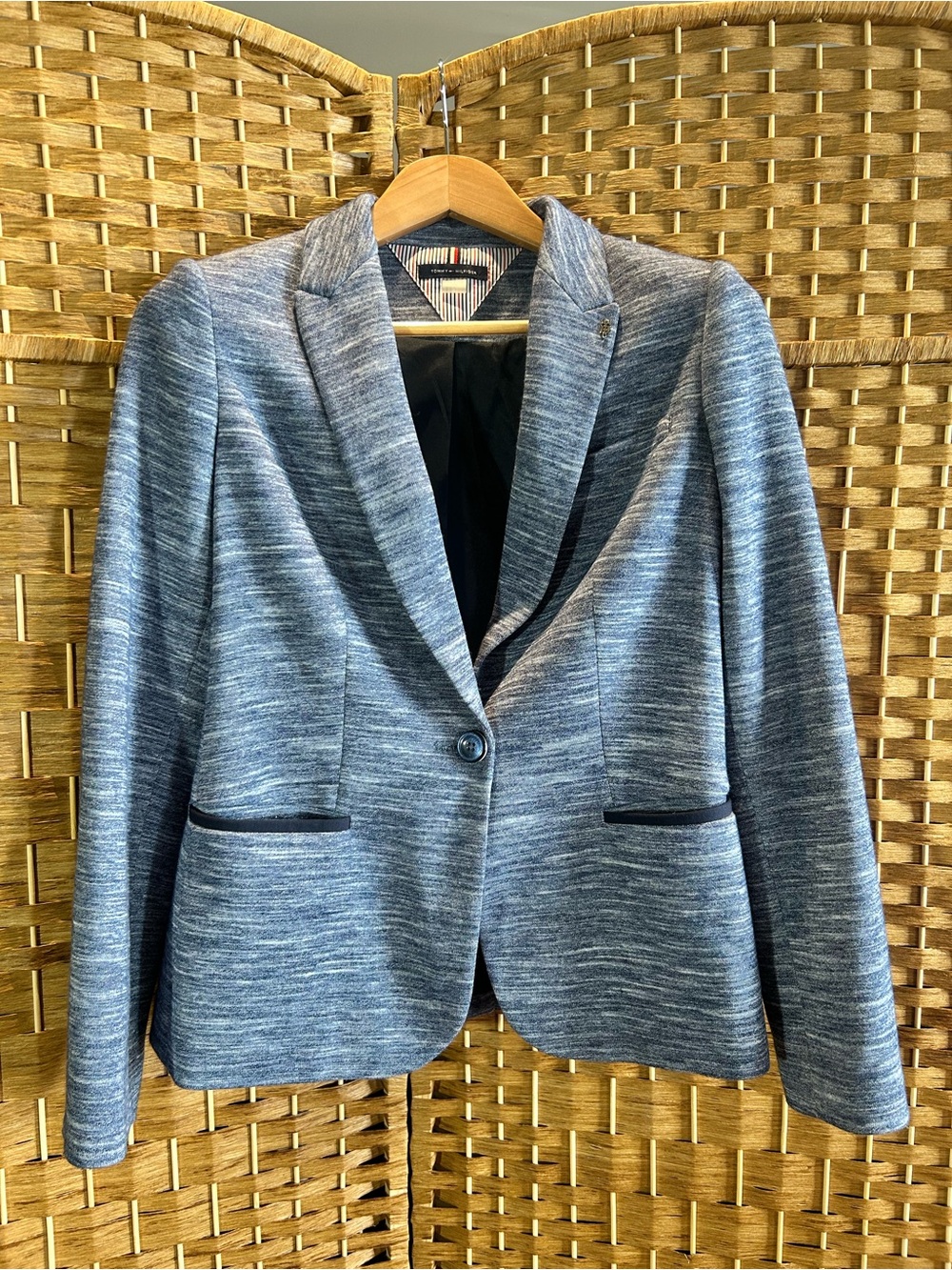 Tommy Hilfiger Blue Marled Knit Blazer Elbow Patch Jacket Size 6